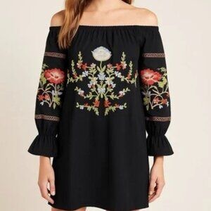 Free‎ People dress sz S Fleur Du Jour Embroidered Mini Peasant  Pockets Black